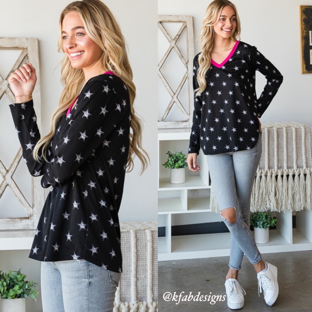❤️LAST 1! So Soft! V Neck Hot Pink Contrast Soft Faded Star Top! - Picture 5 of 12